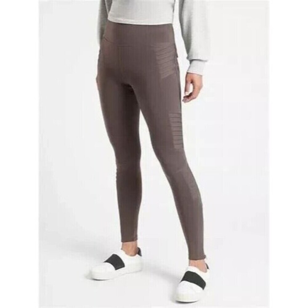 Athleta Delancey Moto Tight Womens Leggings Size S Taupe Zip Ankle/Pockets Work